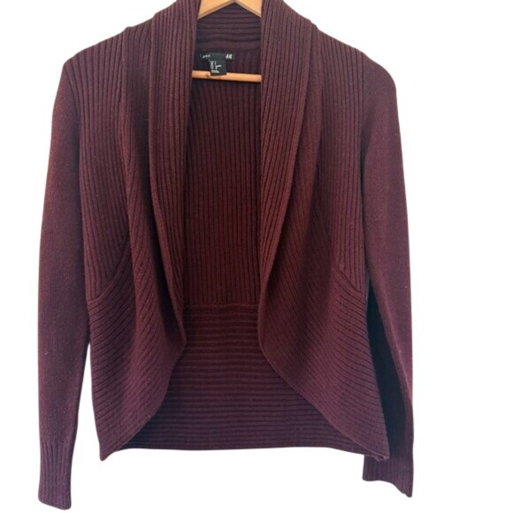 H&M Womens Ribbed Shawl Collar Open Front‎ Cardigan Sweater Burgundy Size S